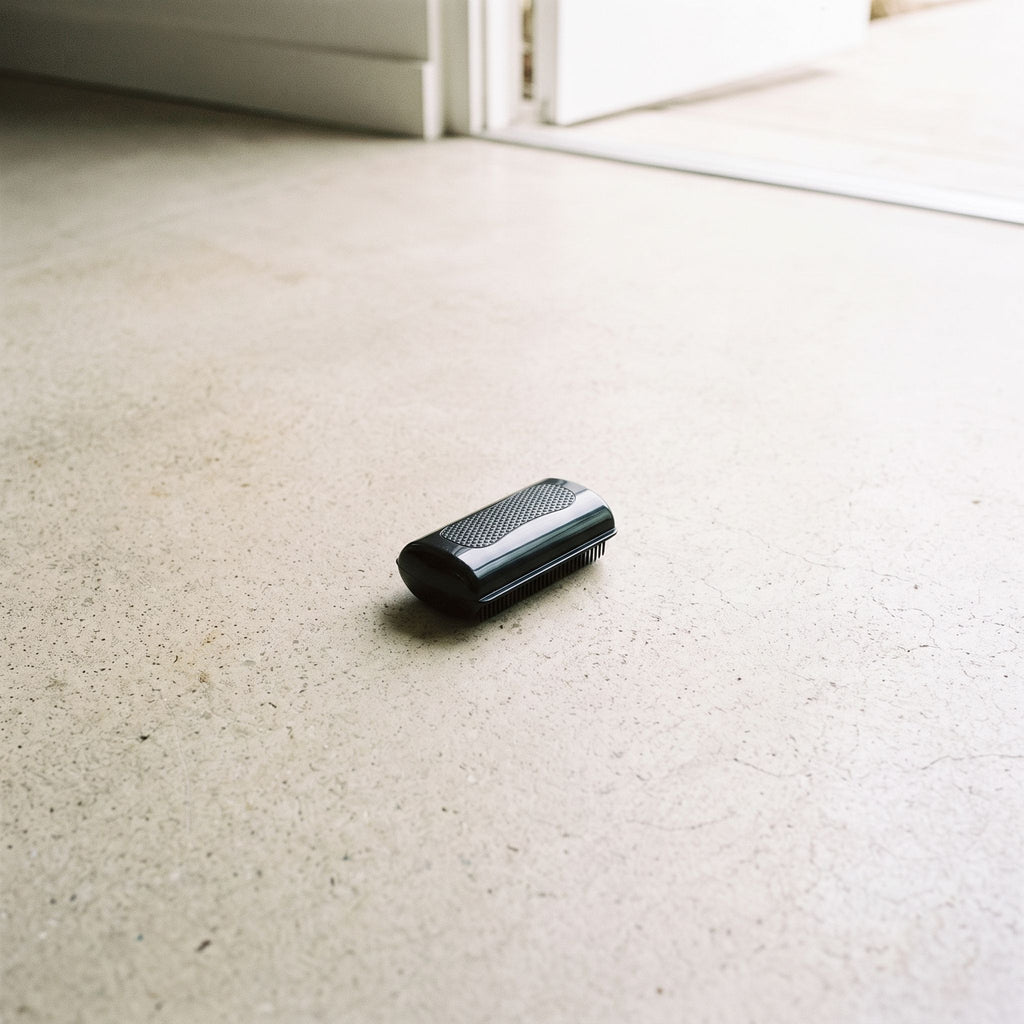 Minimalist composition of a black pet grooming comb resting on a textured light-colored concrete floor.