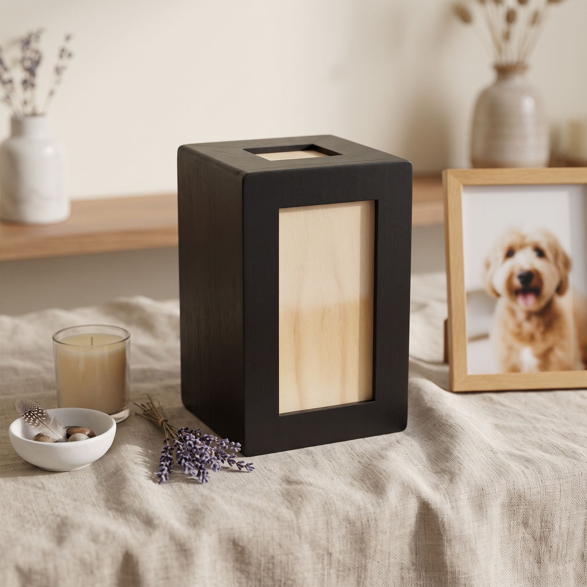 Studio scene with pet urn on neutral fabric, even lighting emphasizing sleek black finish and handcrafted elegance.