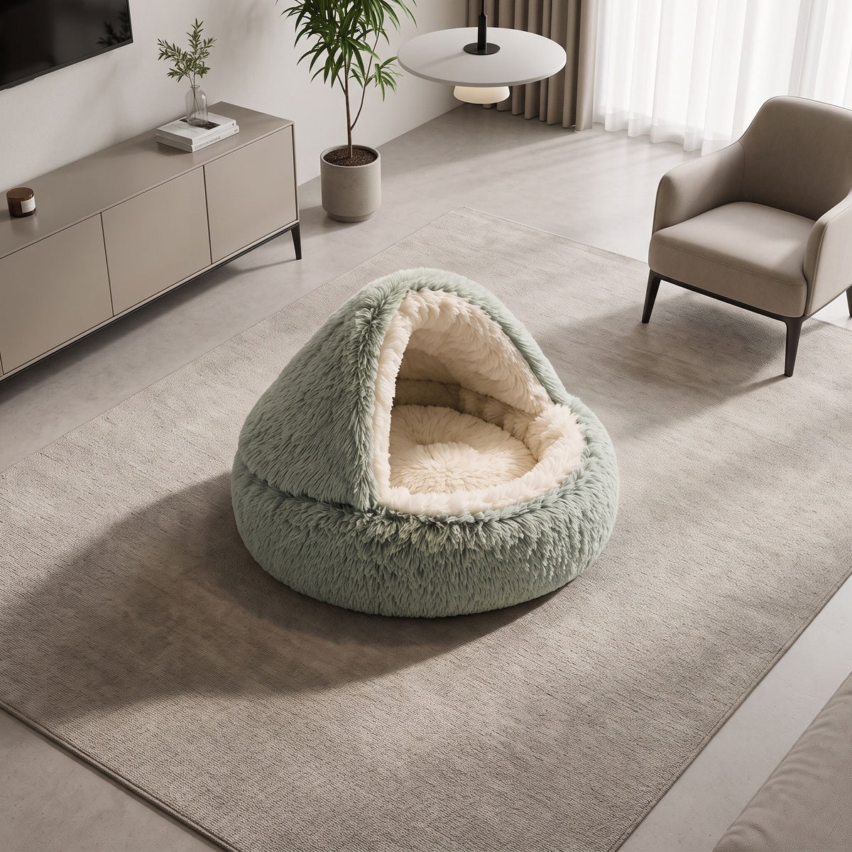 Modern semi-enclosed pet bed placed on a neutral area rug in a living room.