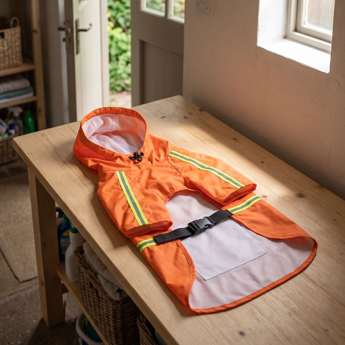 Orange pet shower jacket laid out on wooden bench in utility room with garden view hint.