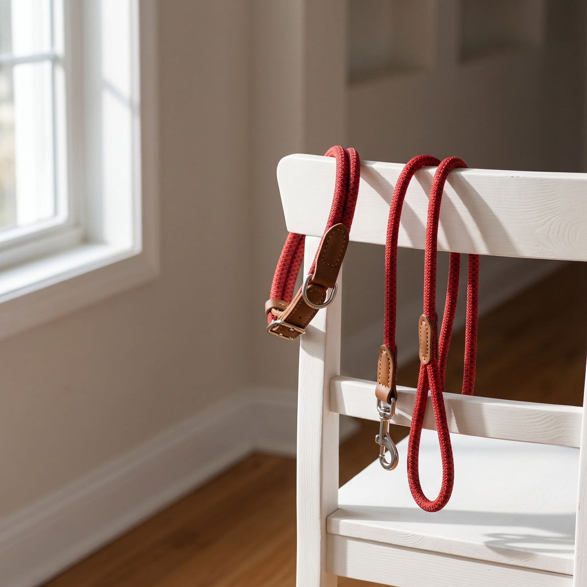 Adjustable nylon collar and leash set draped over a white wooden chair in a sunlit hallway.