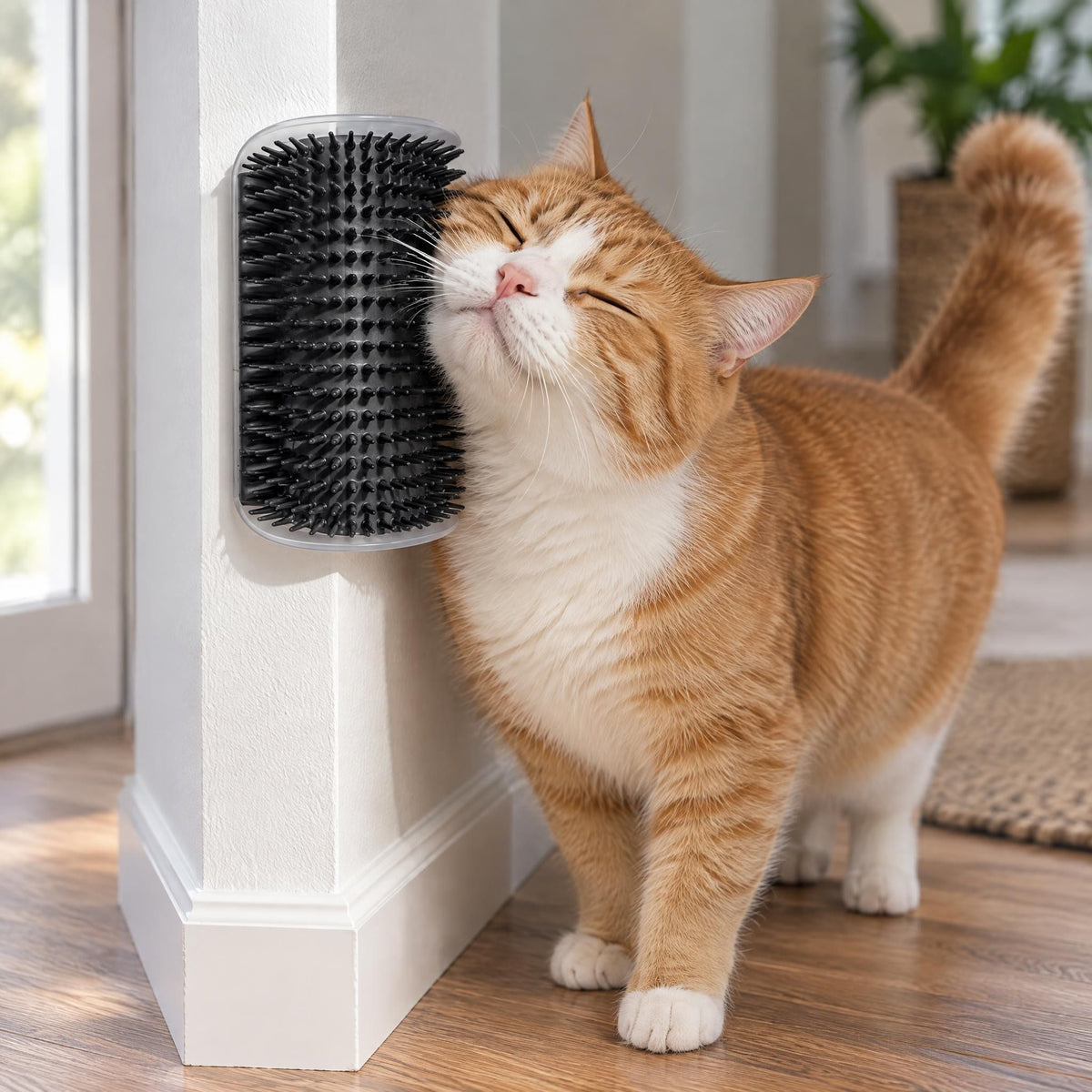 An orange cat self-grooming corner brush installed on a white wall with an adhesive base.
