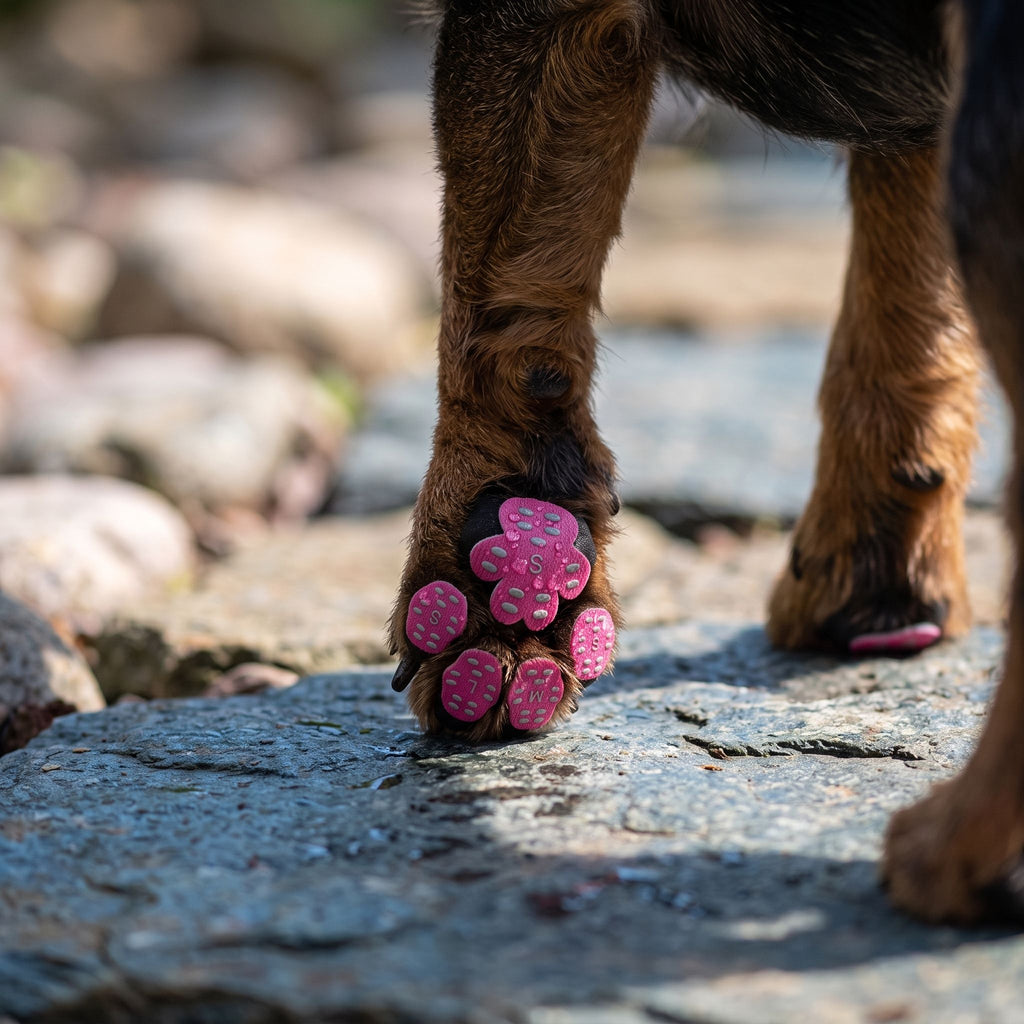 Dog's paws with waterproof anti-slip pads on a garden stone pathway with water droplets.