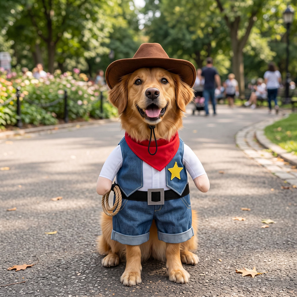 Dog in denim costume in a park, viewed from above, showing fit and detail with trees and pathway in background.