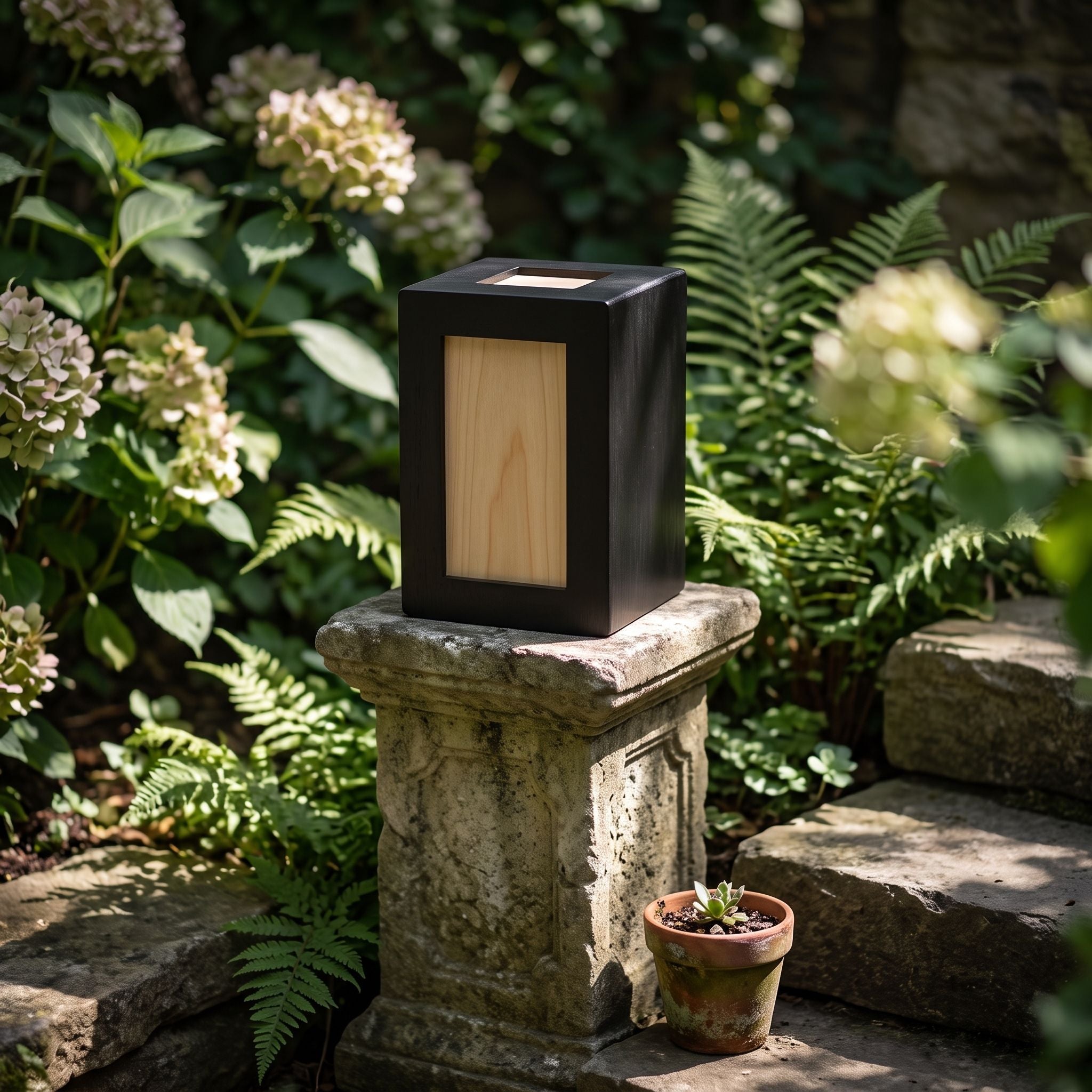 Pet urn placed on a stone pedestal in a garden corner, dappled sunlight and greenery creating a peaceful memorial setting.