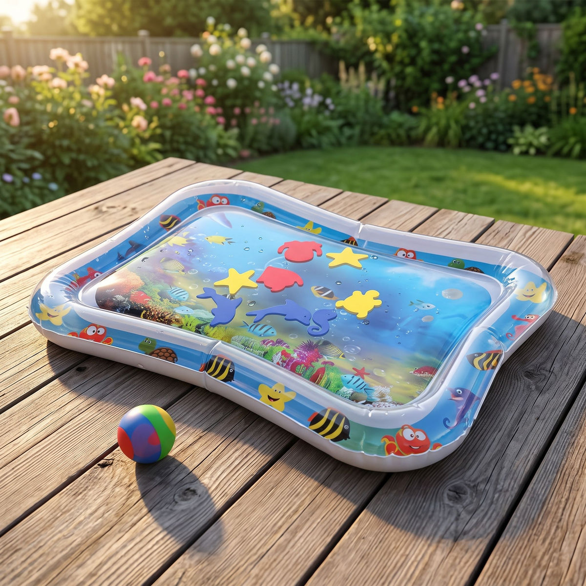 Side view of the partially inflated water mat on a wooden deck in a backyard garden, showcasing vibrant colors, smooth surface, and a small pet toy for scale in natural lighting.