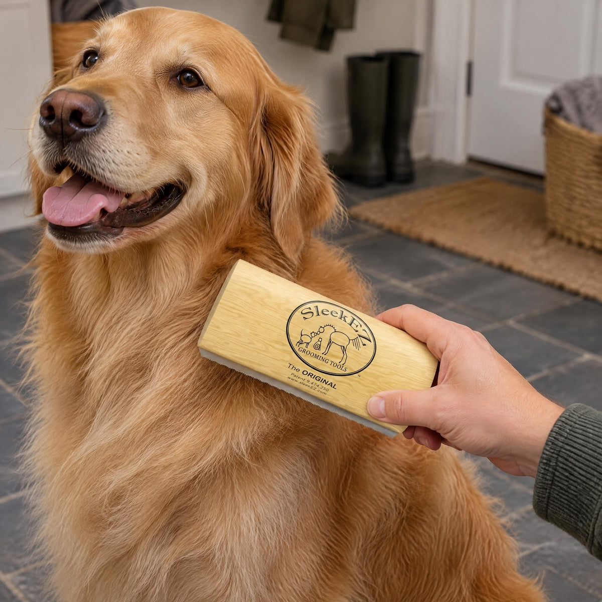 A hand holding an ergonomic deshedding grooming brush ready to brush a dog in a mudroom.