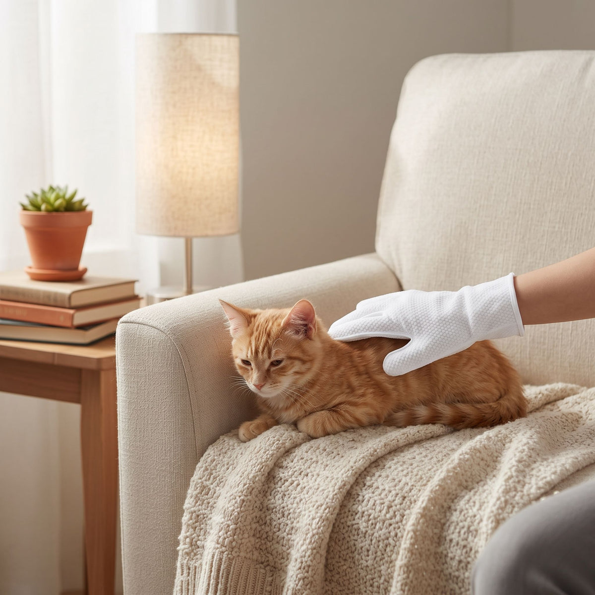 A person wearing a disposable pet cleaning glove while grooming an orange tabby cat on a chair.