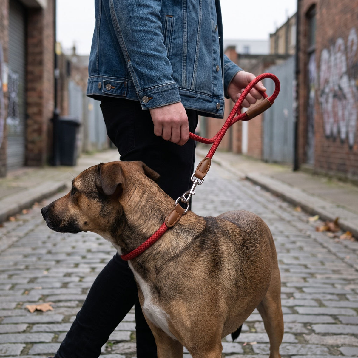 Dog owner walking their pet in an urban setting using a durable nylon collar and leash set.