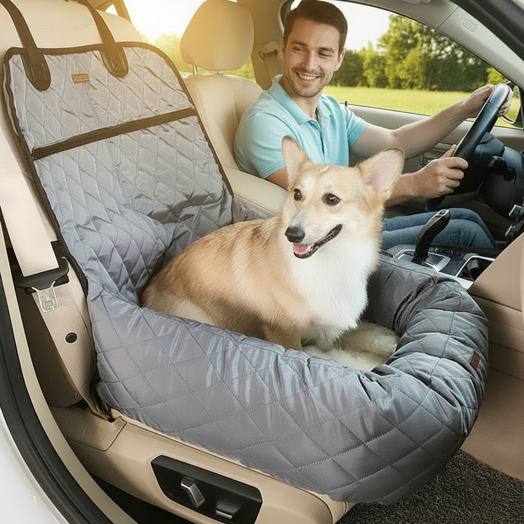 Pet Car Bed - blond man blå piké