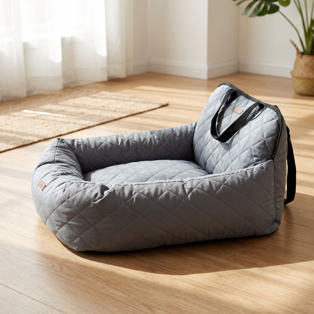 Pet car bed placed on neutral floor in bright room highlighting its structure and design.