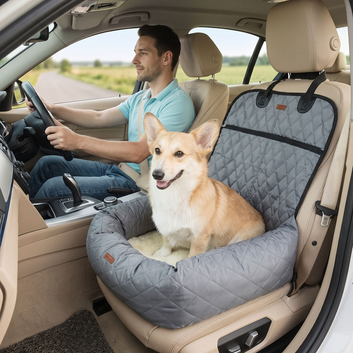 Pet car bed securely strapped on car seat with neutral fabric, shown in modern vehicle interior setting.