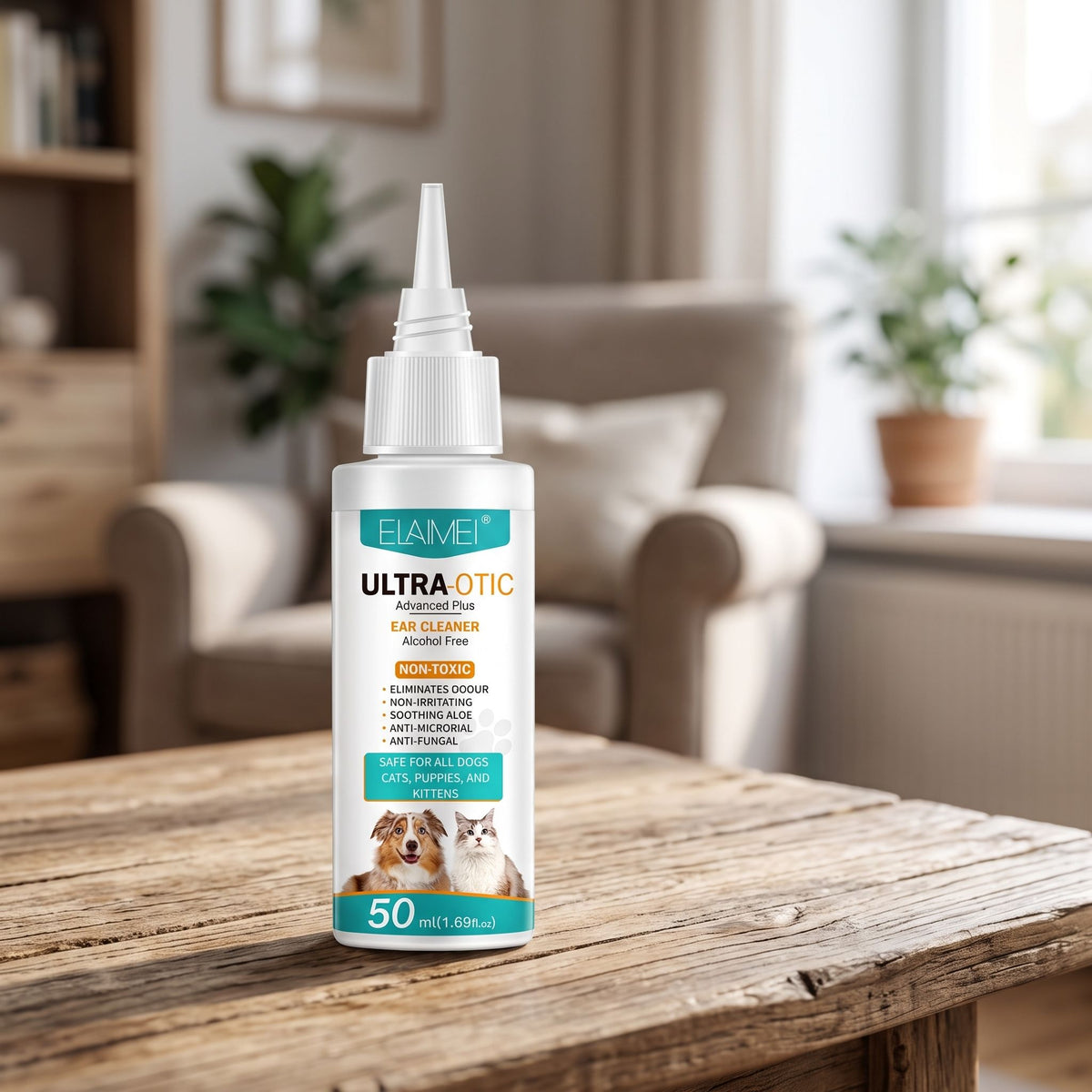 Small 50ml pet ear cleaner bottle on a wooden surface with natural daylight, highlighting the transparent liquid and label.