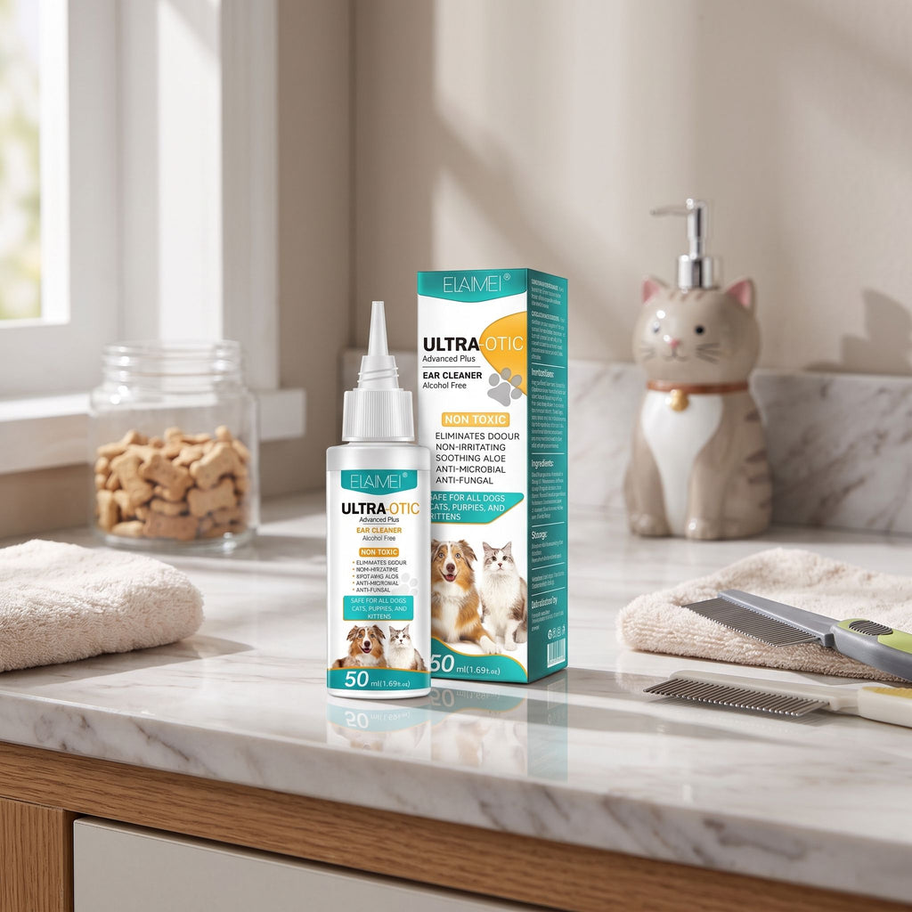 Full-body shot of small pet ear cleaner bottle on bathroom countertop, with pet grooming accessories and natural lighting.