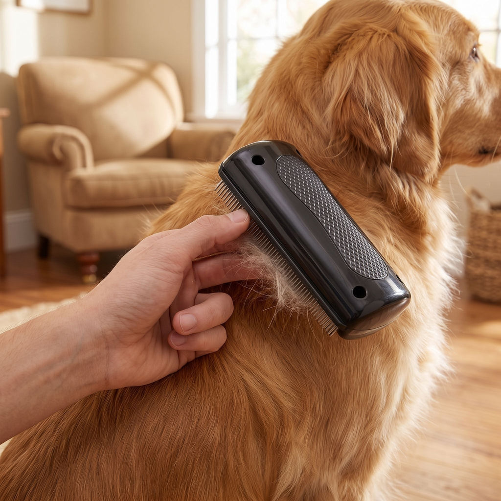 A hand using a black pet grooming comb to brush the golden coat of a dog in a softly lit living room.
