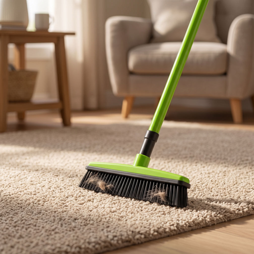 Side-angle of pet hair removal broom mop leaning against a plush carpet, showing pet fur attraction and flexible rubber bristles.