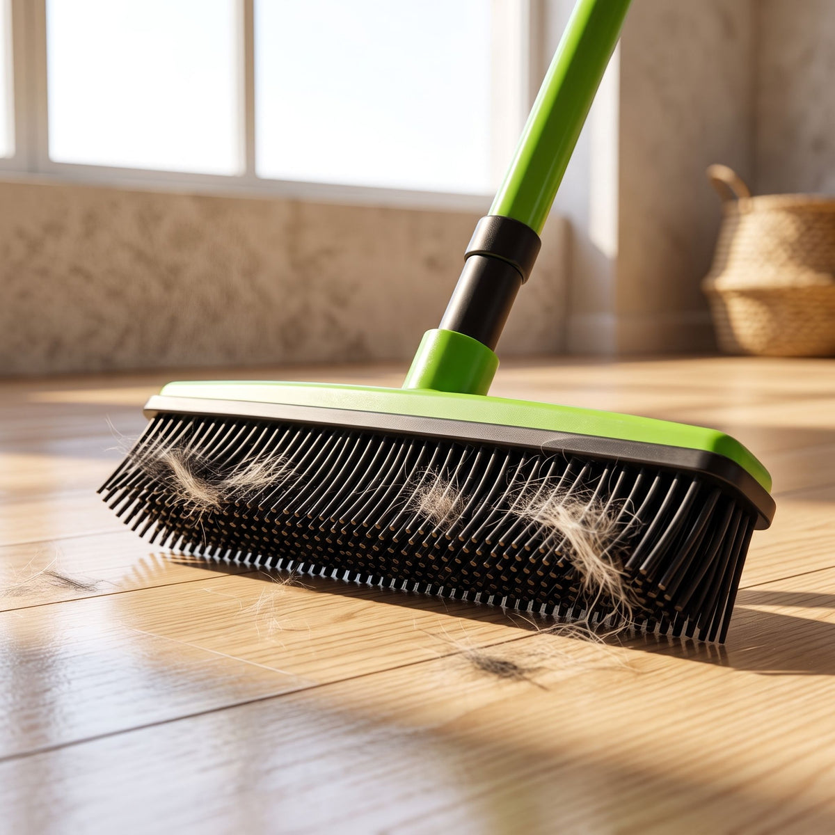 Close-up of pet hair removal broom mop with rubber bristles attracting pet fur on a wooden floor under sunlight.