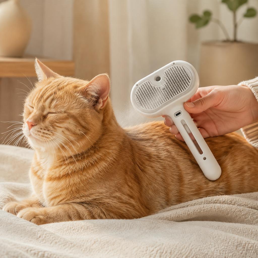 Orange cat being gently groomed with the Pet Hair Spray Brush