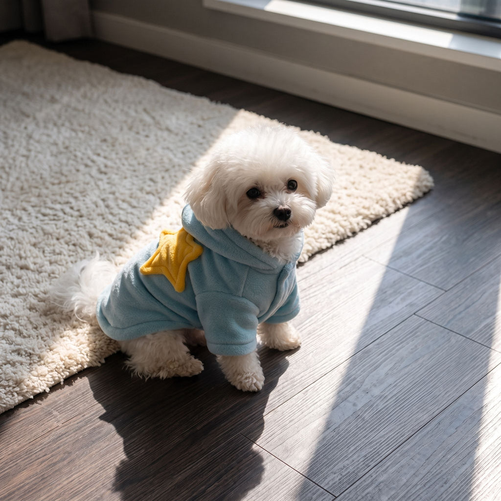 Pet in blue flannel nightgown sitting on dark wooden floor with plush rug, illuminated by sharp midday sun creating contrast.