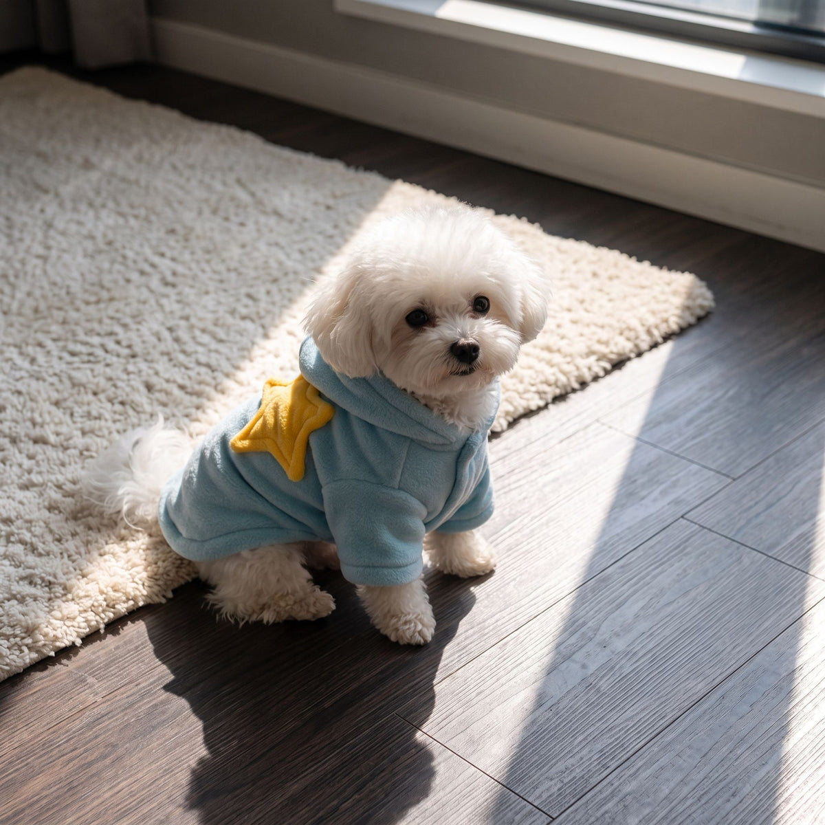 Pet in blue flannel nightgown sitting on dark wooden floor with plush rug, illuminated by sharp midday sun creating contrast.