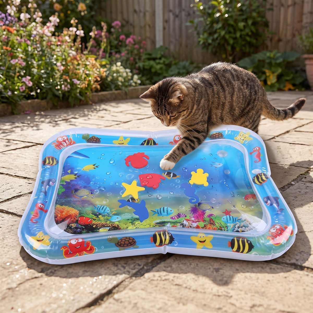 Cat lounging on a partially inflated vibrant water mat in a sunny backyard, with water droplets and natural lighting.