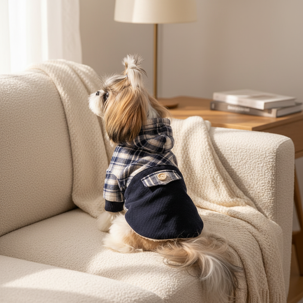 Pomeranian cashmere hoodie lifestyle