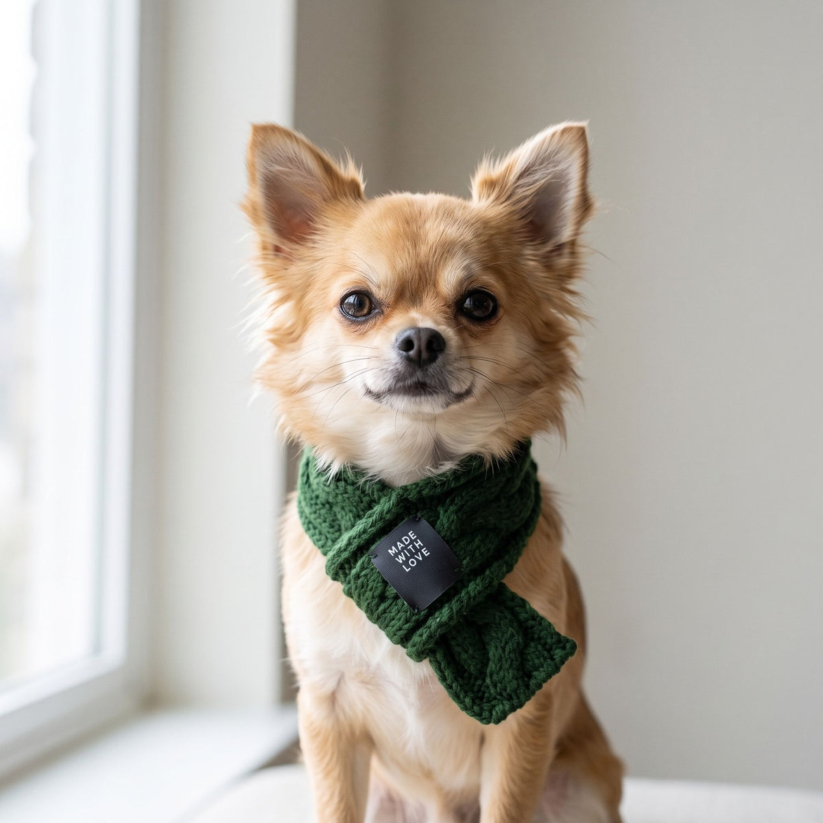 Groomed Chihuahua wearing a knit scarf, portrait shot against a neutral interior wall, focusing on the scarf.