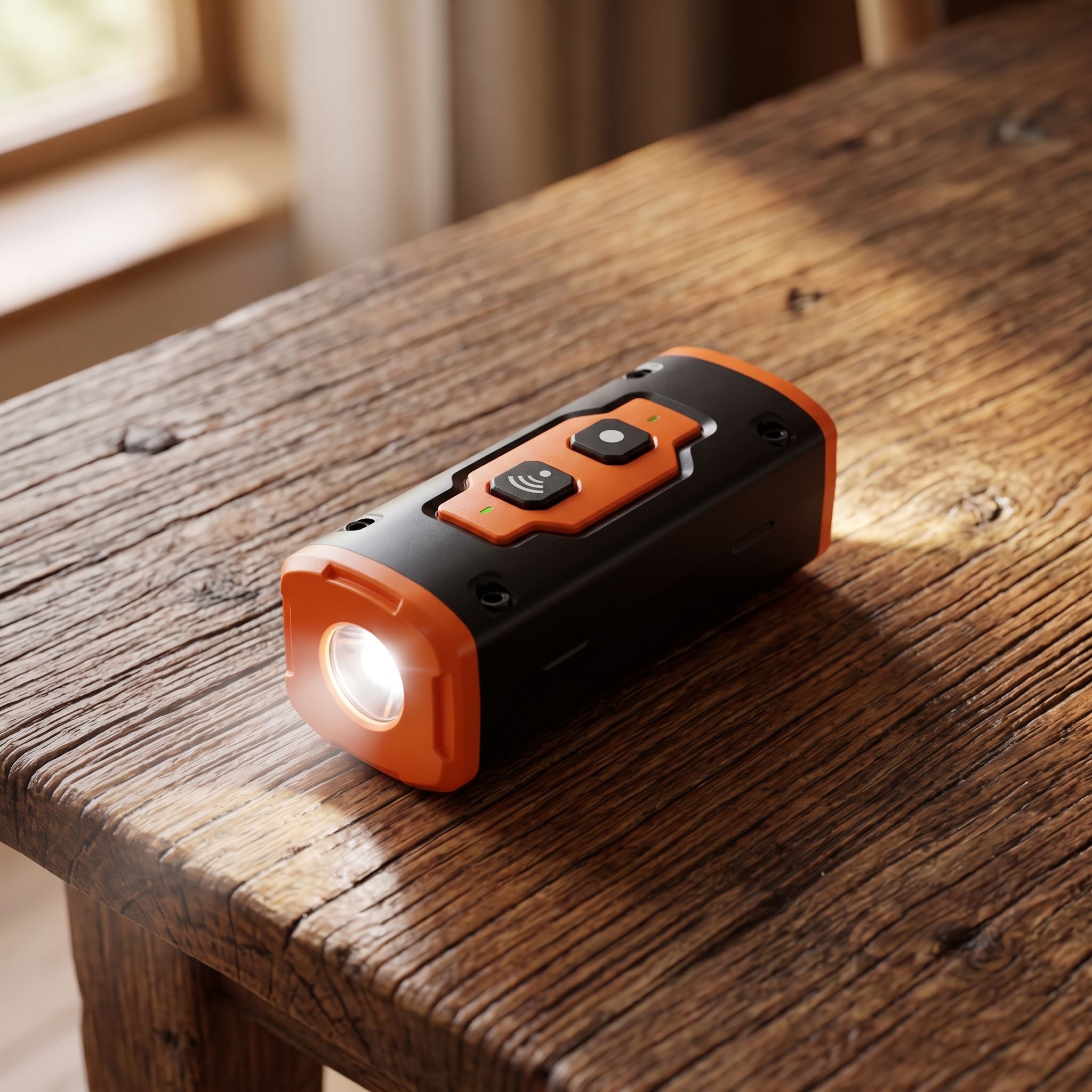 Device lying flat on rustic wooden table with flashlight turned on, casting light on textured surface in warm indoor lighting.