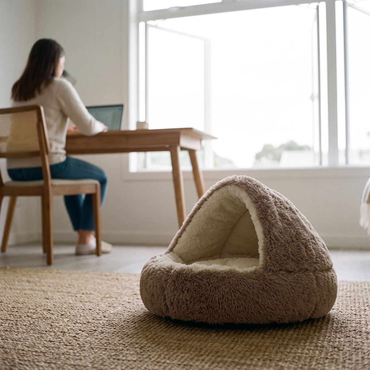 Curved dome pet bed resting on a sisal rug in an airy home office.