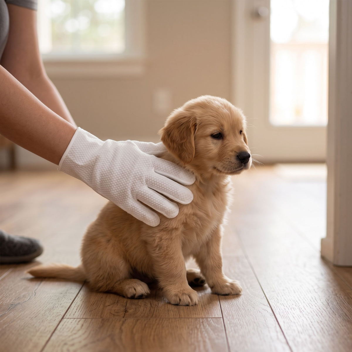 Person wearing a disposable pet cleaning glove interacting with a puppy on a wooden floor.