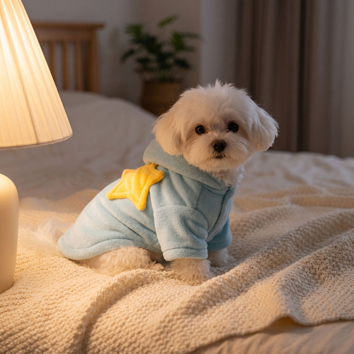 Small puppy wearing blue flannel pet nightgown on cream blanket, sitting on bed under bedside lamp light focused on star detail.
