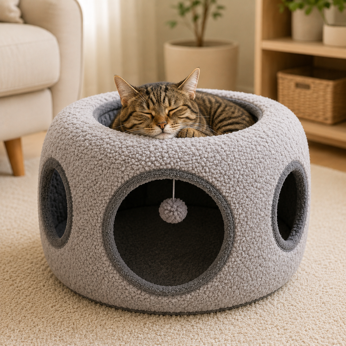 Gray Round Cat Tunnel with tabby cat resting in the top bed