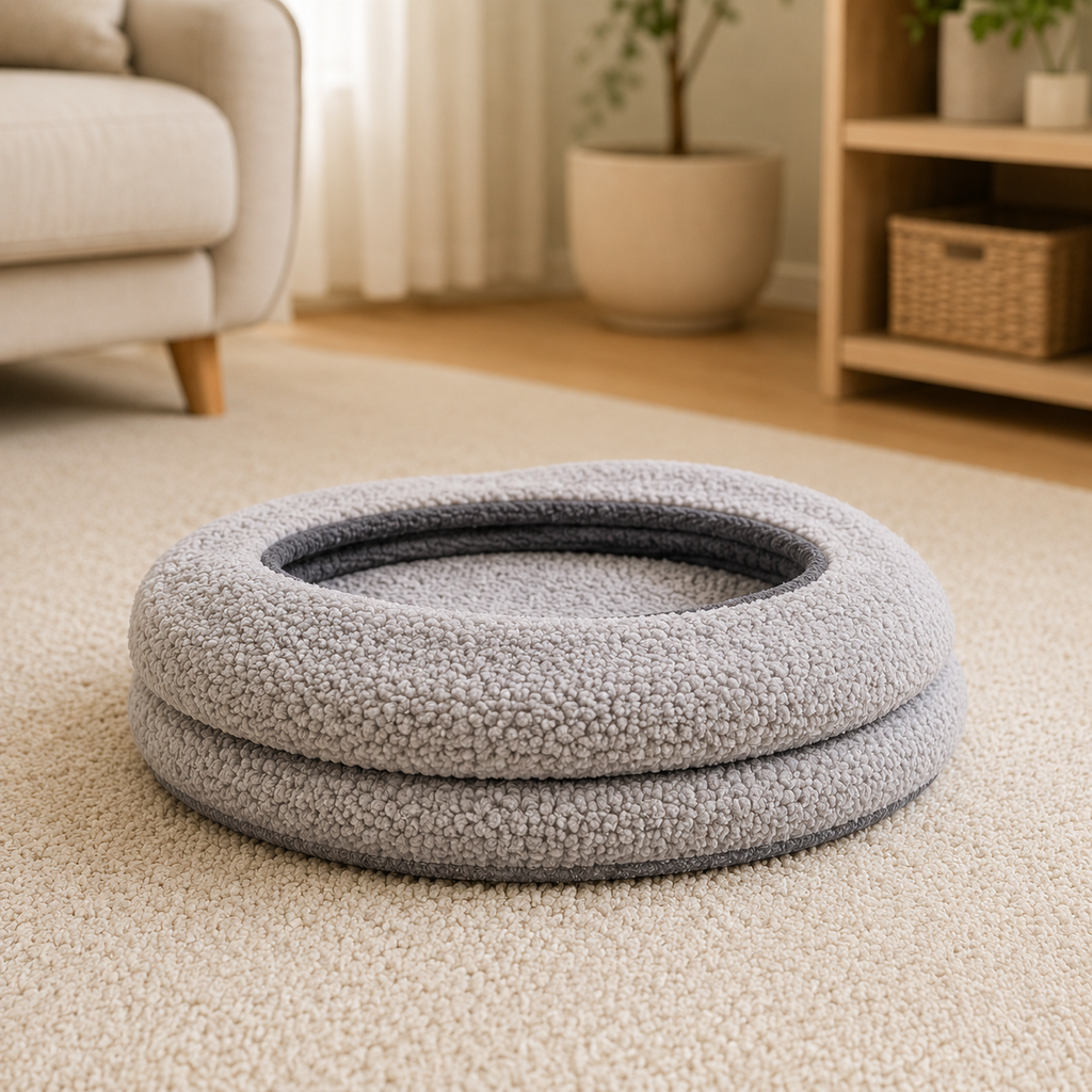 Gray Round Cat Tunnel folded flat for compact storage