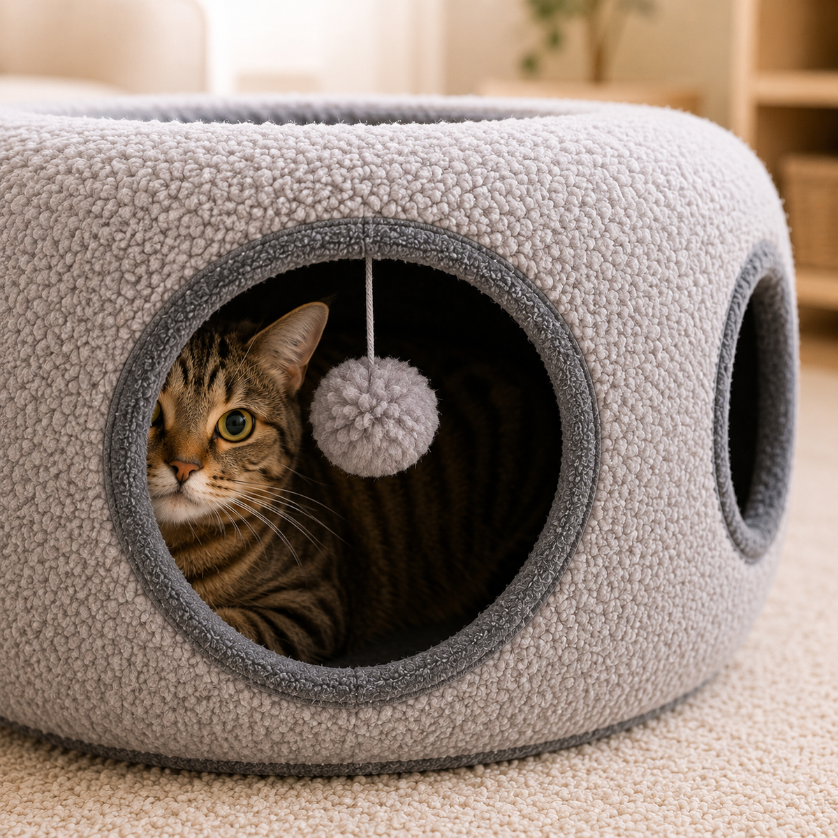 Close-up of gray Round Cat Tunnel with hanging pom-pom toy and tabby cat