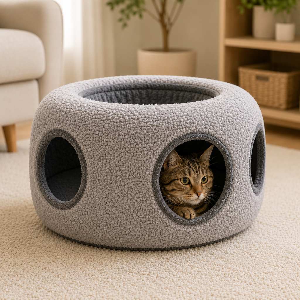 Side view of gray Round Cat Tunnel with tabby cat peeking through an opening