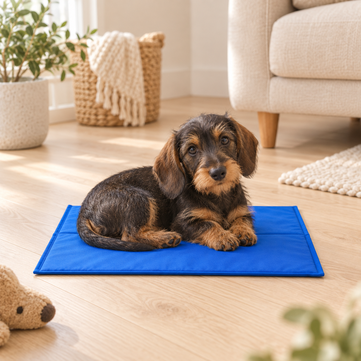 Wire-haired miniature dachshund puppy resting on a blue 30 × 40 cm self-cooling gel mat