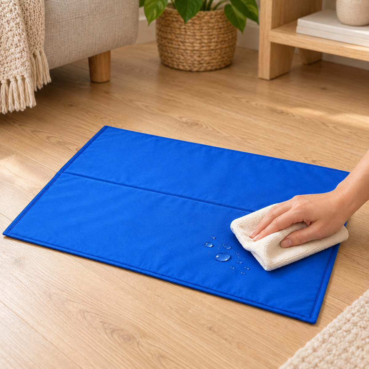 Blue self-cooling gel mat being wiped clean with a soft cloth