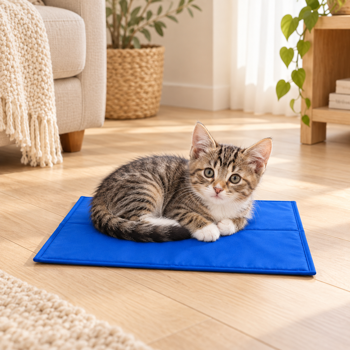 Small tabby kitten resting on a blue 30 × 40 cm self-cooling gel mat