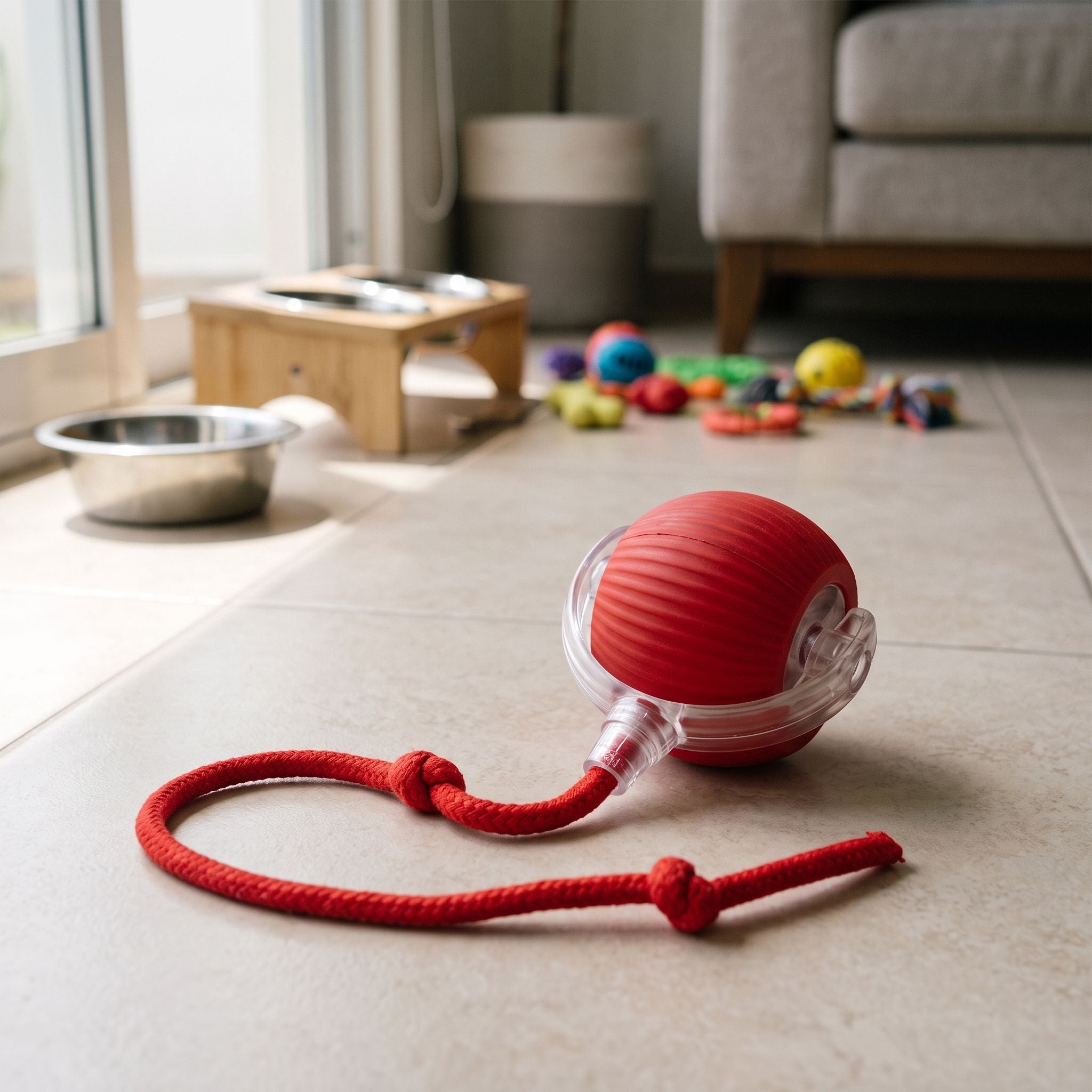 Side angle of the pet-safe Smart Rolling Pet Ball on a tiled floor near pet feeding area with toys.