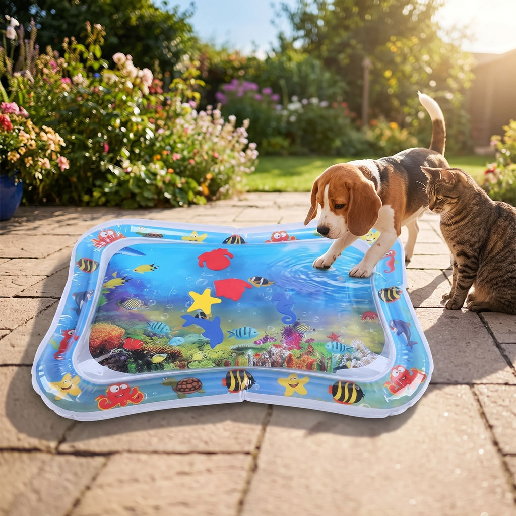 Side view of water mat on a patio with small dog and cat enjoying summer, illuminated by warm sunlight.