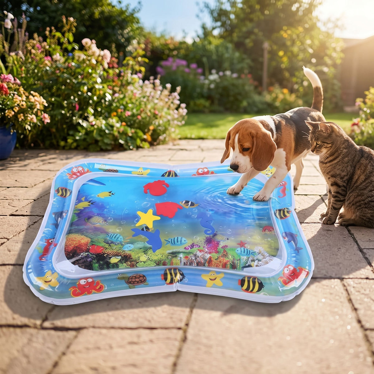Side view of water mat on a patio with small dog and cat enjoying summer, illuminated by warm sunlight.