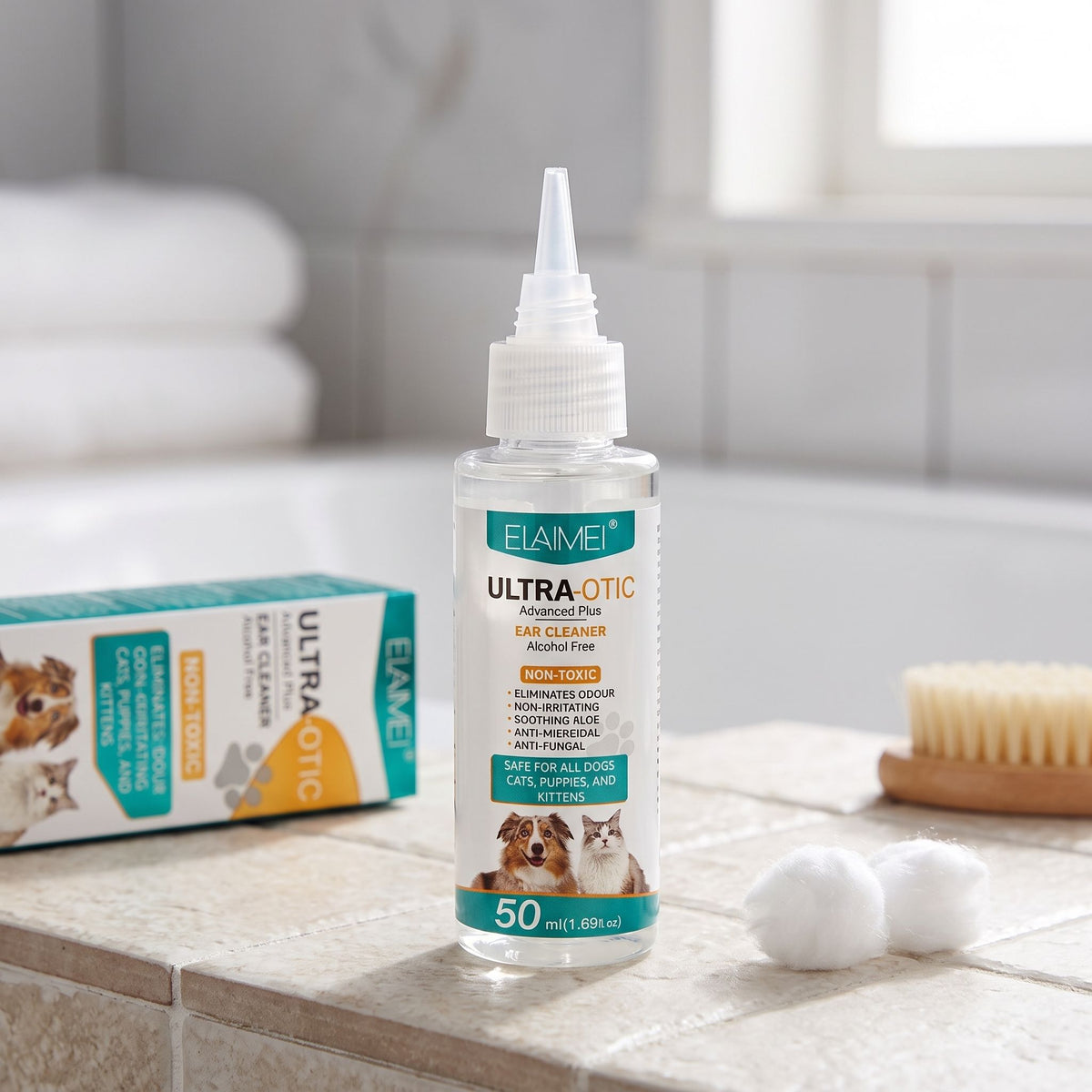 Upright small pet ear cleaner bottle on tiled surface with soft overhead light, showing product contours and transparent liquid.