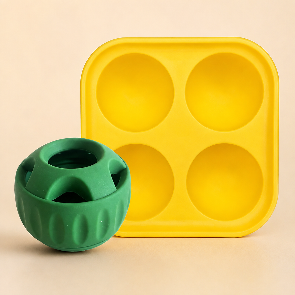 Green slow feeder ball with yellow feeding tray