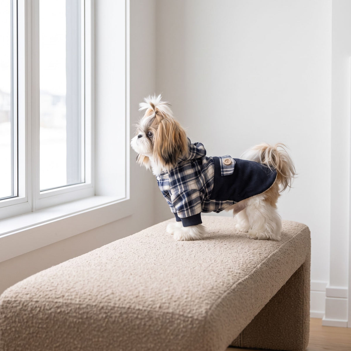 Small dog in cashmere hoodie coat standing on beige boucle wool bench near a large window.