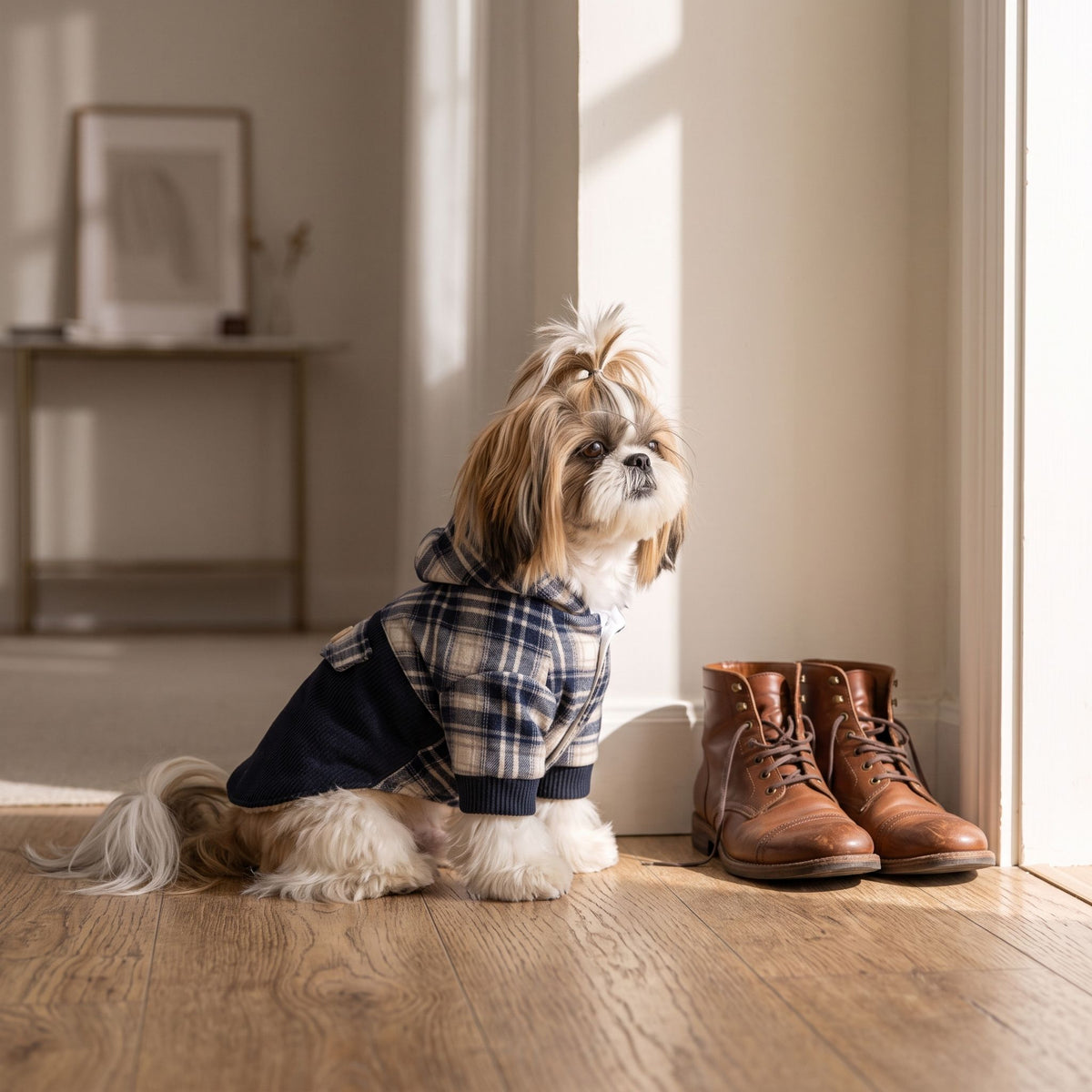 Small white dog wearing cashmere hoodie coat sitting on hardwood floor next to leather boots.
