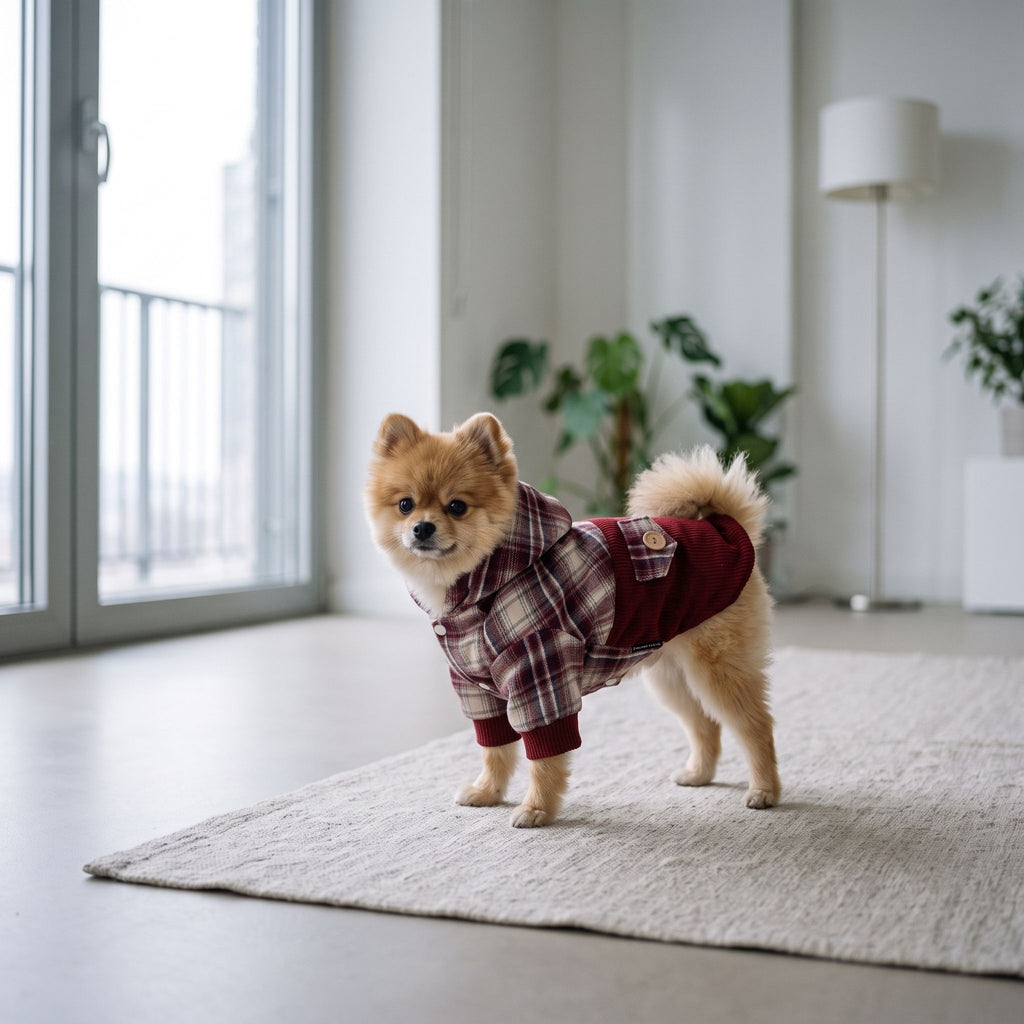Small dog wearing cashmere hoodie coat standing on a neutral-toned linen rug inside modern interior.
