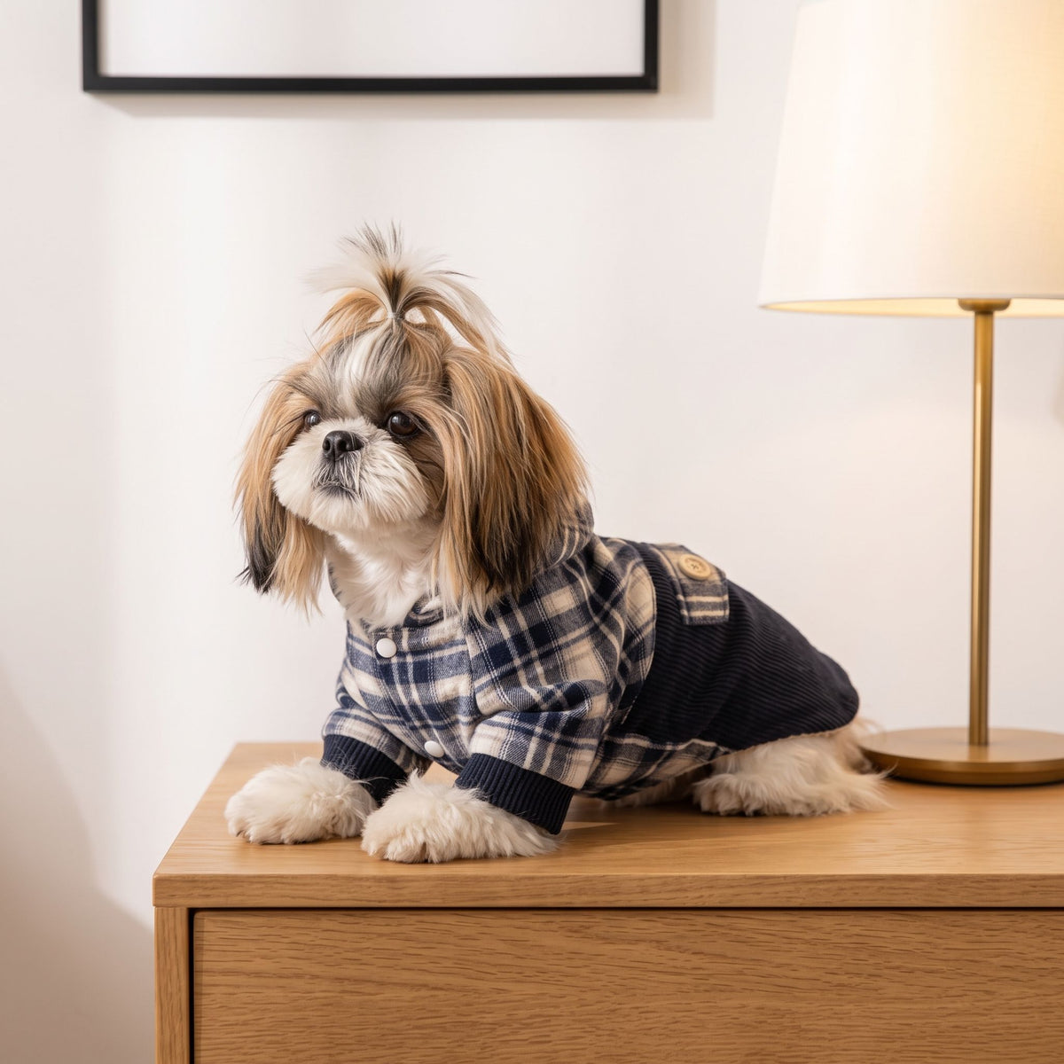 Small dog in cashmere hoodie coat resting on minimalist oak side table in modern living room.