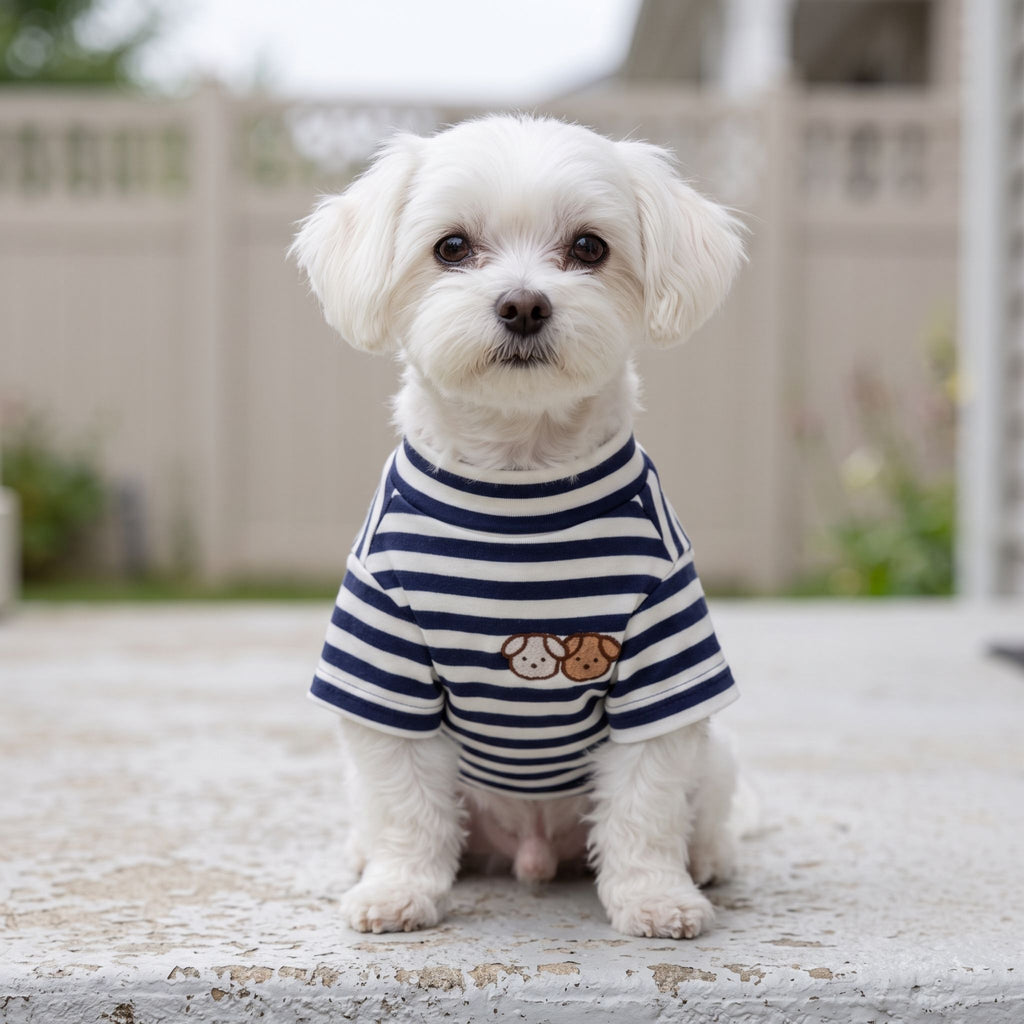 Small Maltese dog wearing navy and white striped lightweight summer T-shirt on a gray concrete porch.