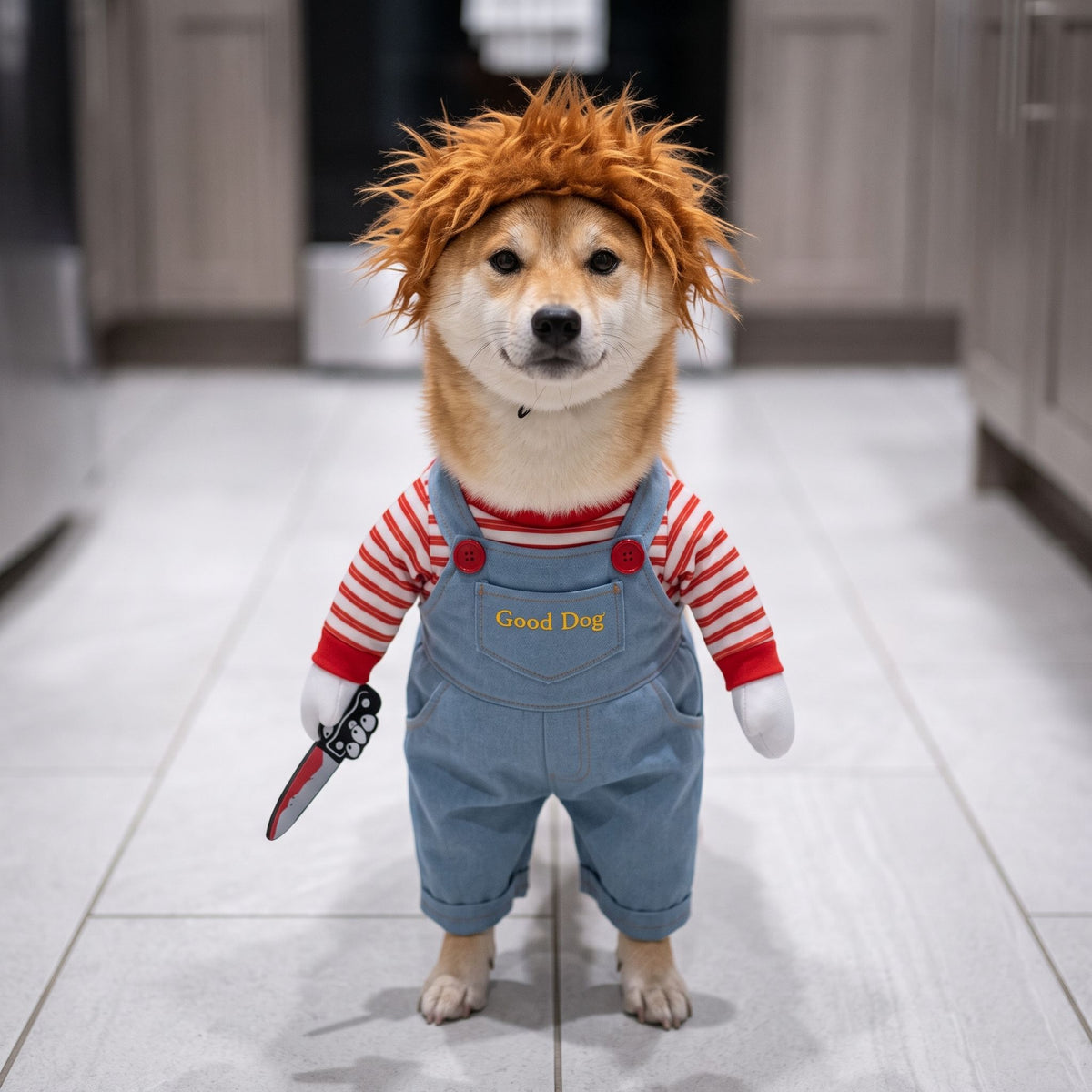 A small dog wearing a blue overall and striped shirt costume set while standing on a clean kitchen tile floor.