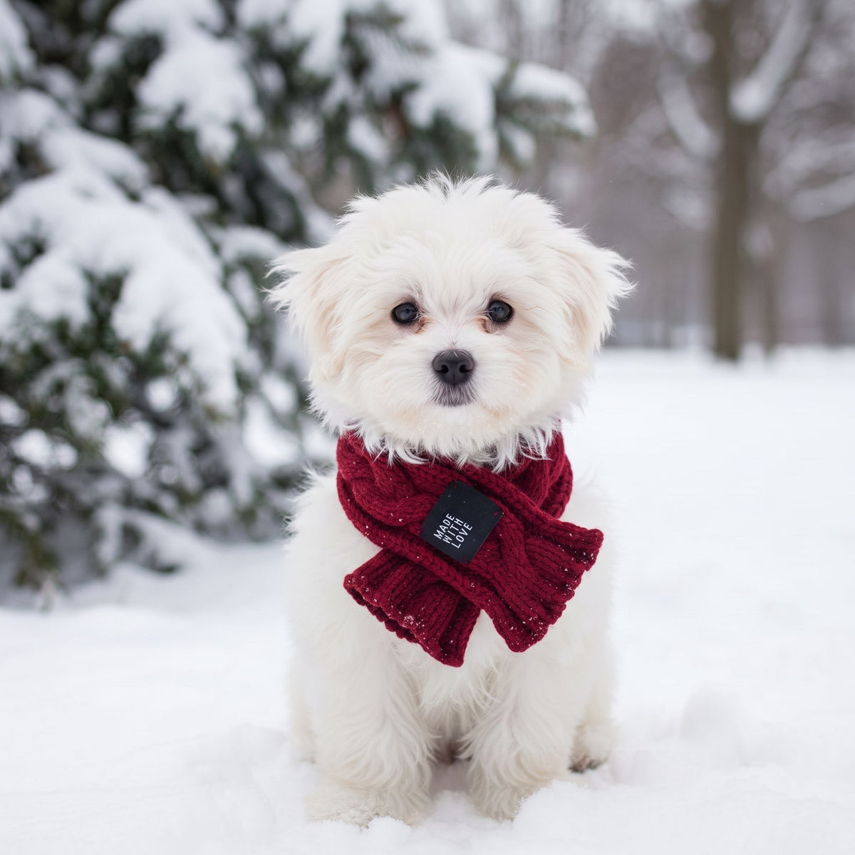 Small fluffy white dog with a red cable-knit scarf sitting in snowy backyard during winter morning.